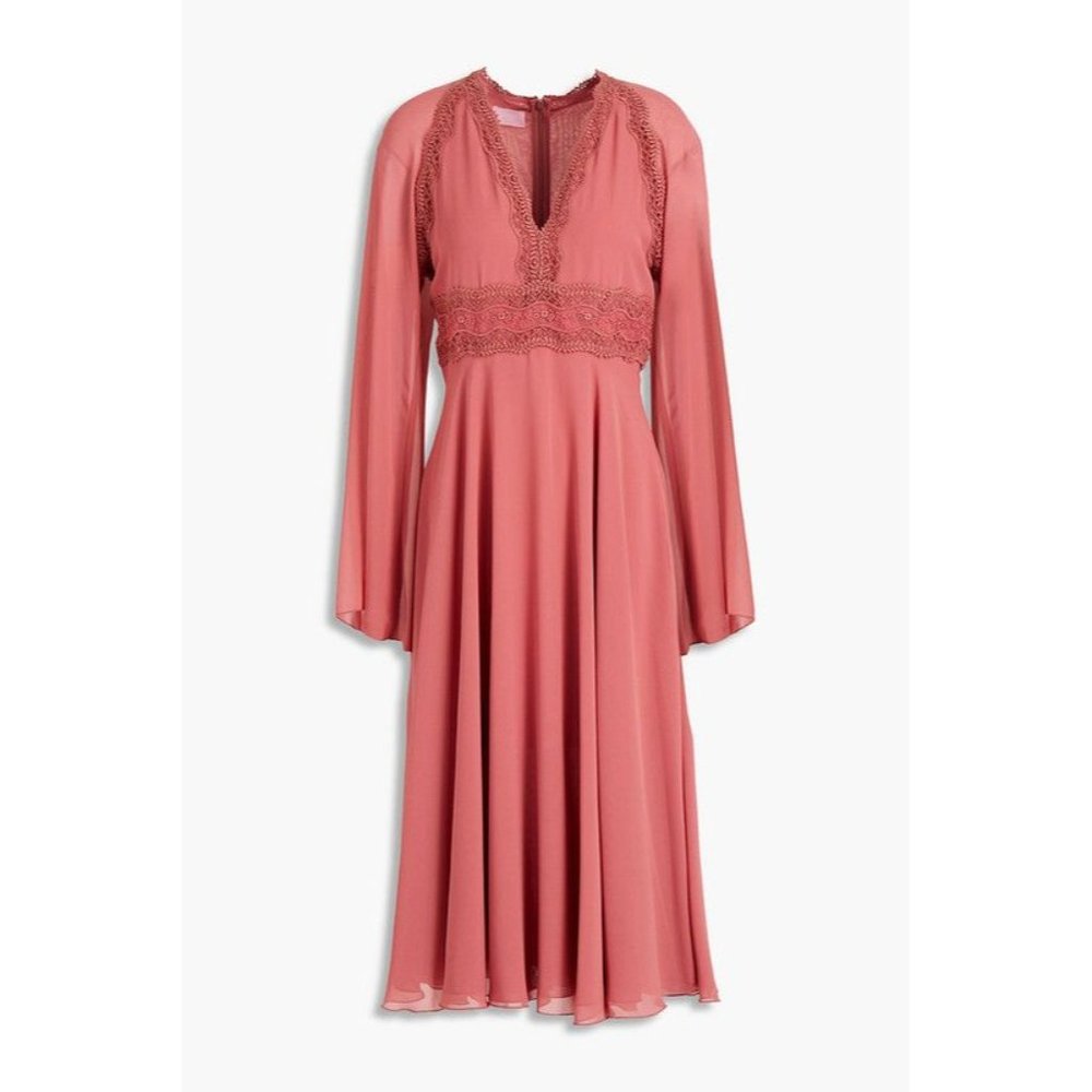 Giamba Lace Trimmed Crepe De Chine Midi Dress Pink Rose Fairycore Barbie Size L - Picture 8 of 8